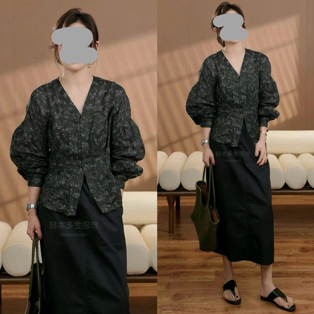 2025夏季褶皱V领小众碎花上衣衬衫百搭休闲半身裙显瘦气质套装女