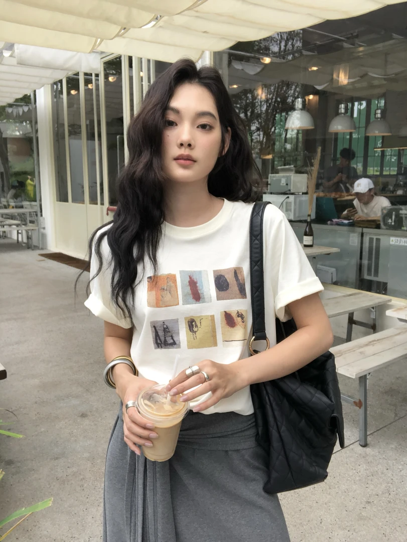 【任小艺新品】白墨直喷定位印花高支棉圆领宽松减龄T恤上衣女