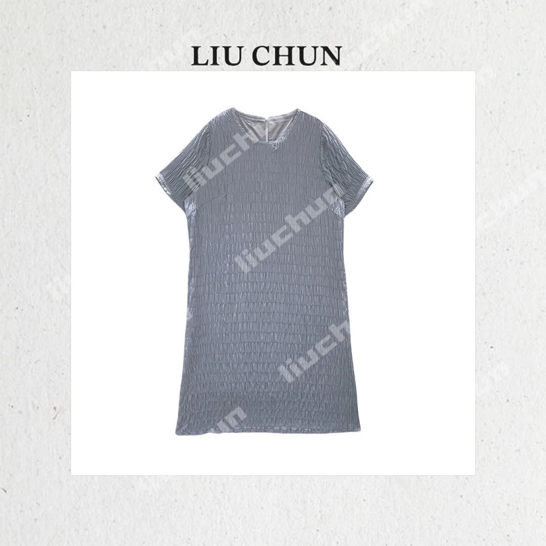 【圆领弹力褶皱】CHUN家夏款轻奢时尚百搭桑蚕丝连衣裙