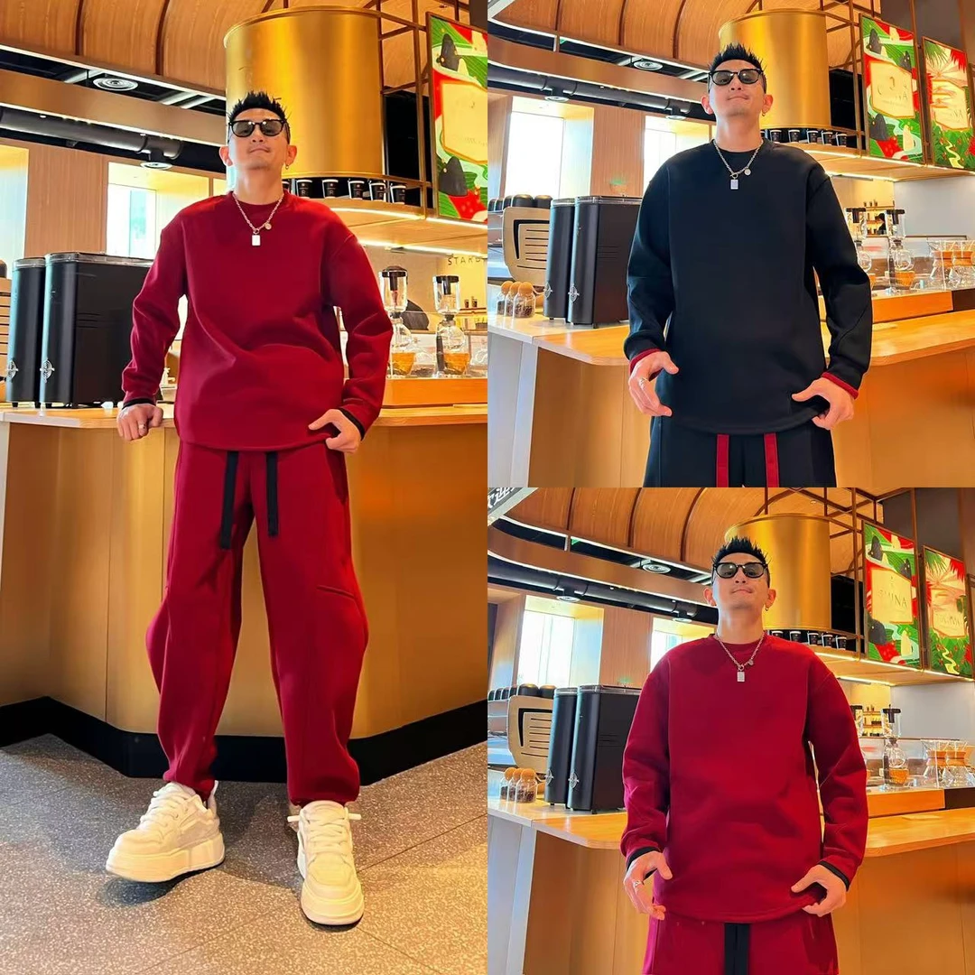 简约纯色通勤风立体裁剪设计感宽松时尚男士加绒长袖长裤裤套装