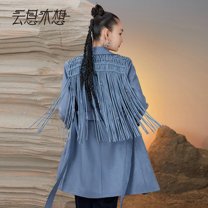 云思木中国风春秋后幅手工编织串珠流苏系带风衣女士外套99938