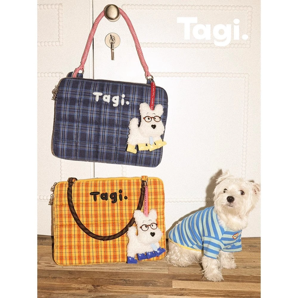 Tagi.编织小枕头刺绣串珠手提单肩女包防摔防震电脑包笔记本包