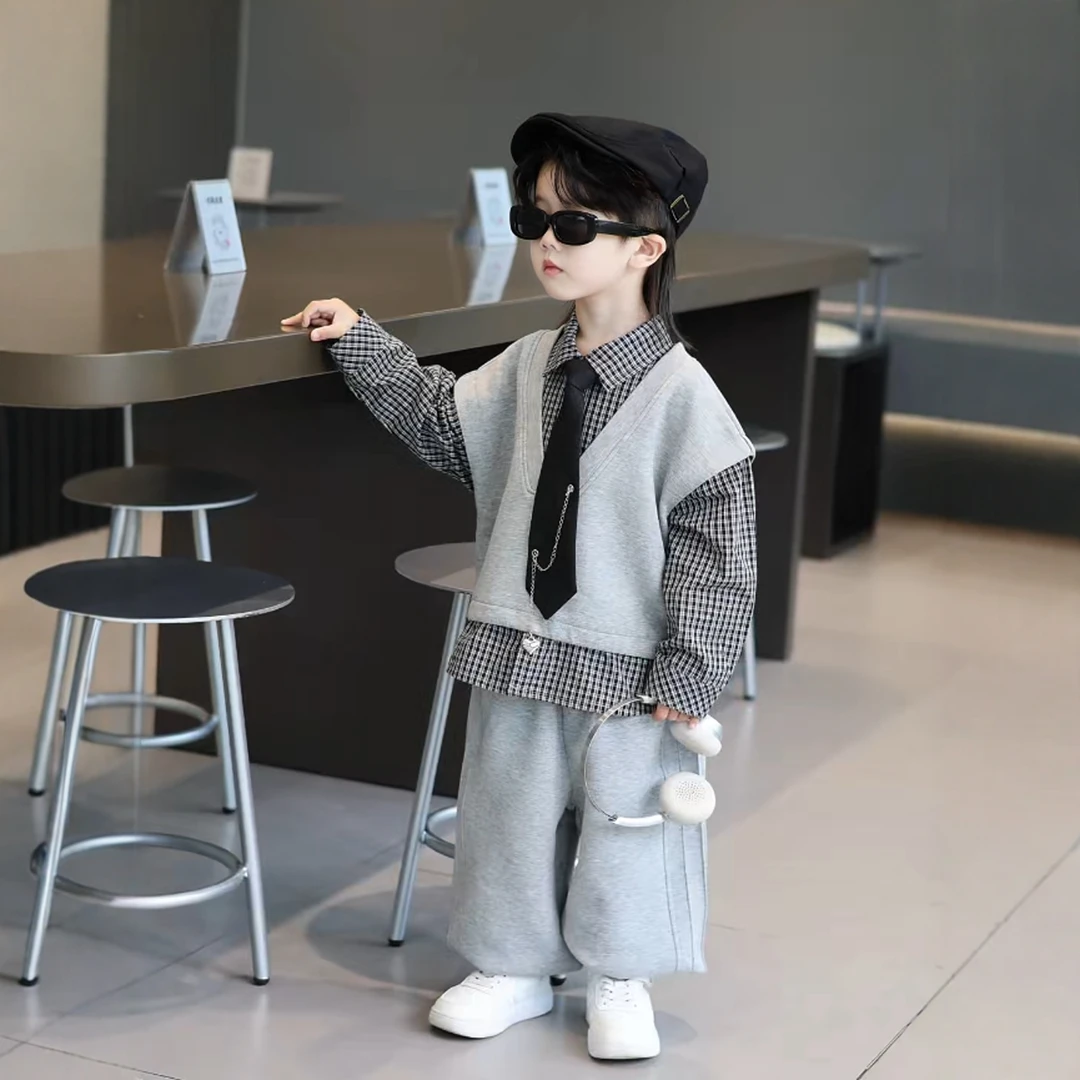 男女童学院风马甲套装秋季款帅气儿童格子衬衫束脚裤三件套