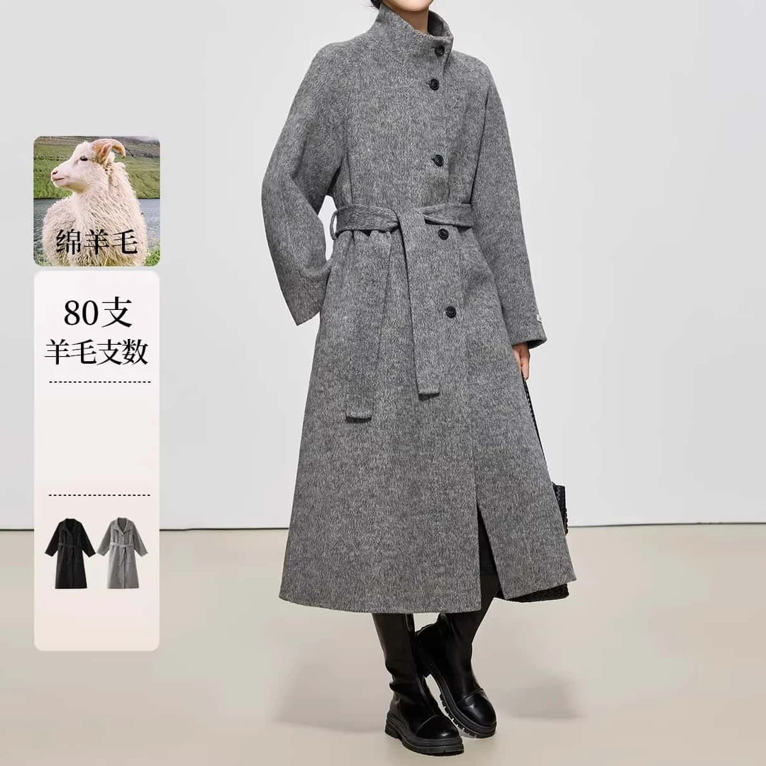 立领双面羊绒大衣女中长款2025秋冬新款风系带翻领羊毛呢外套327