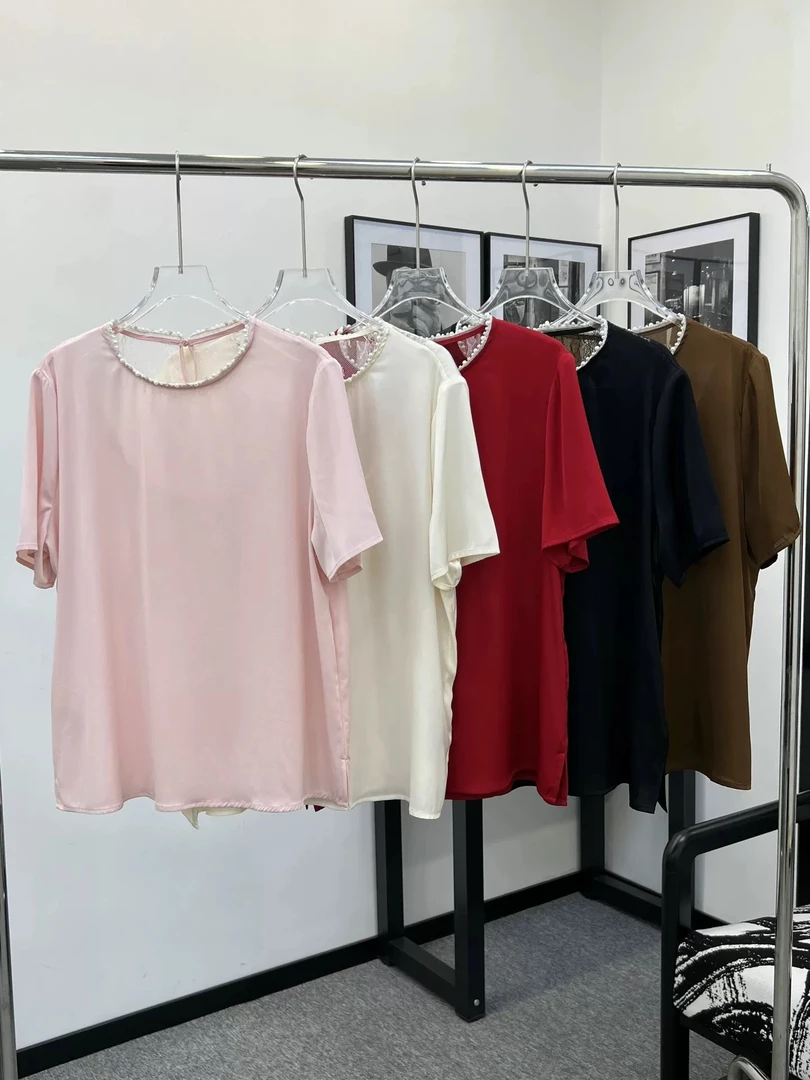 Momo夏季百搭高级感纯色桑蚕丝真丝后背拼接蕾丝上衣领口钉珠短袖