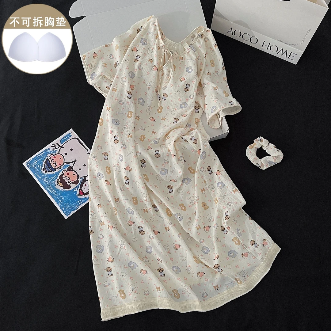 2025年新款带胸垫睡衣睡裙女夏季简约短袖可爱小狗宽松舒适家居服