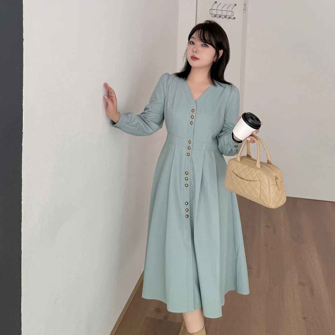 大码胖妹妹气质通勤V领收腰长袖连衣裙
