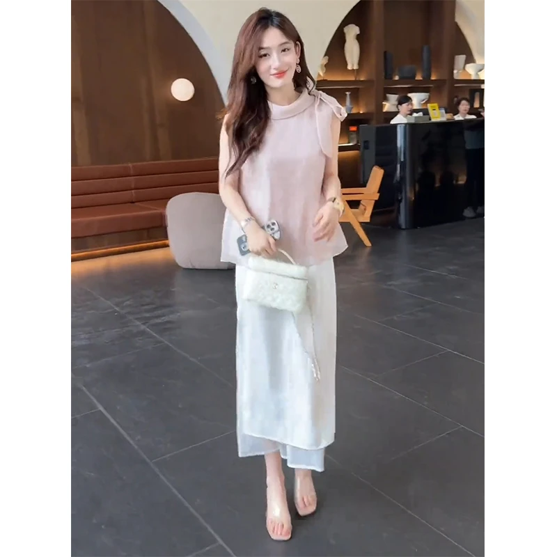 2025夏季新款法式温柔蝴蝶结设计感气质无袖上衣减龄半身裙两件套