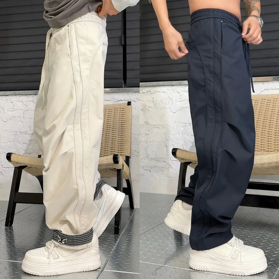秋季新款机能风轻工装弯刀裤男士潮流拼接格纹卷裤脚边休闲长裤子
