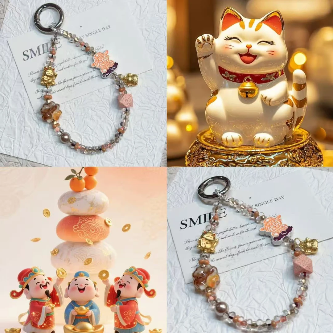 A124LALA原创进口米珠高端手机链［财神与招财猫］