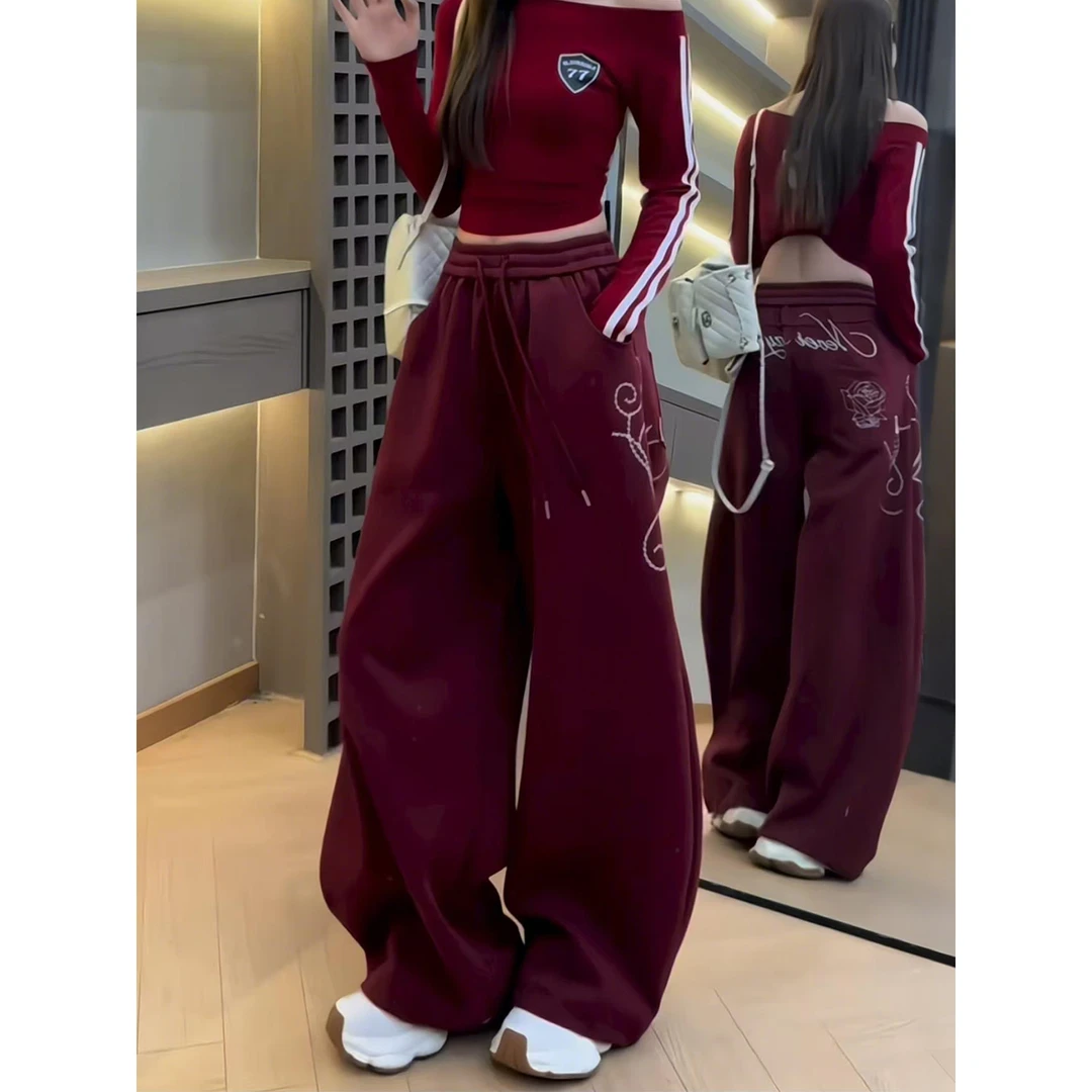 刺绣重工休闲裤女2025年秋季千禧玫瑰宽松运动跳舞裤子时尚阔腿裤