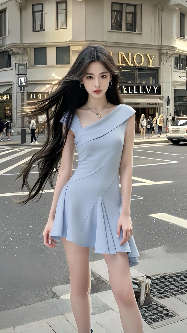 夏季新款蓝色斜领修身连衣裙女小众设计时尚气质显瘦高级感裙子