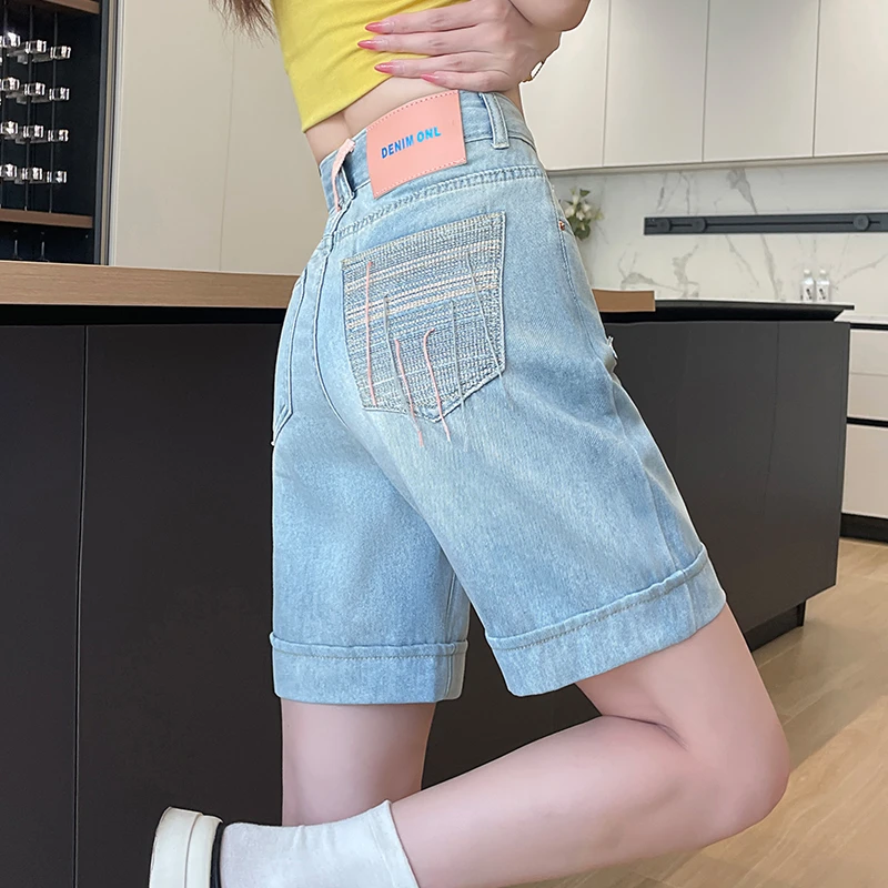 粉色编织口袋五分牛仔短裤女2025夏薄破洞撞色直筒卷边4分裤中裤