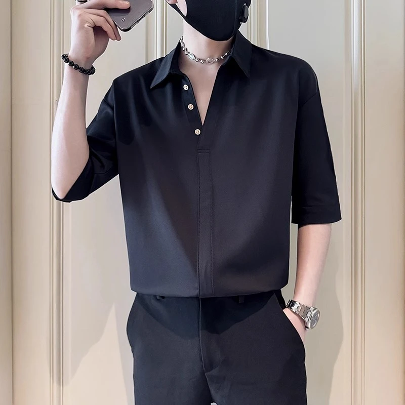 设计感冰丝垂感衬衫男夏季潮牌纯色衬衣2025新款痞帅男士百搭上衣