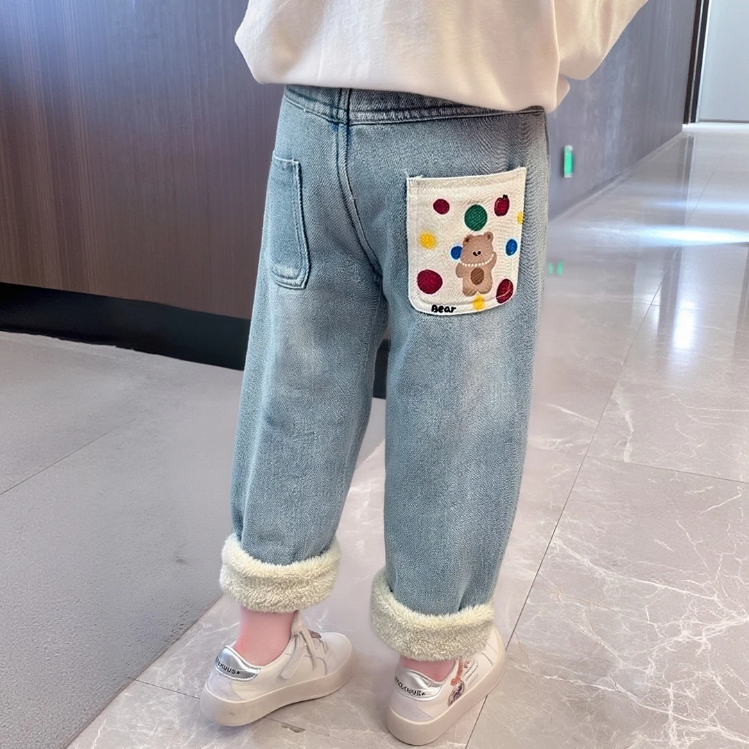 专柜【断码】女童加绒牛仔裤秋冬季儿童加厚2025女宝宝洋气休