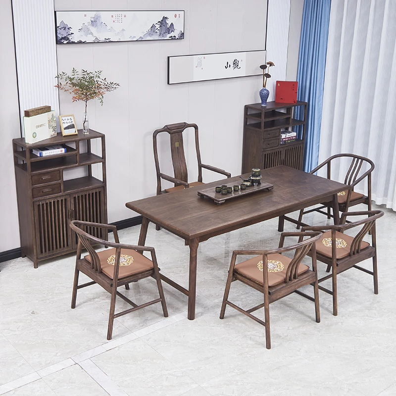 北美黑胡桃新中式全实木大板茶桌/餐桌/书桌/办公桌组合茶空间