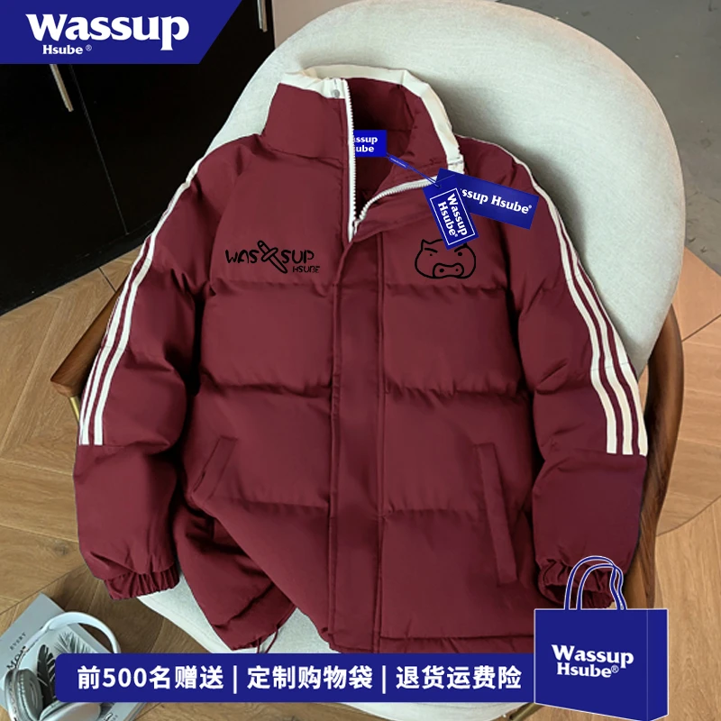 WASSUP HSUBE街头风卡通印花三条杠棉服男女冬季保暖防风立领外套