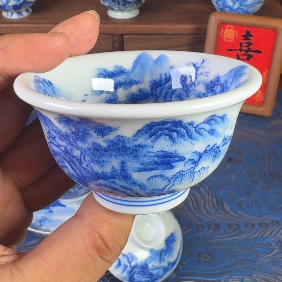 景德镇全手工手绘青花山水内外满绘压手杯