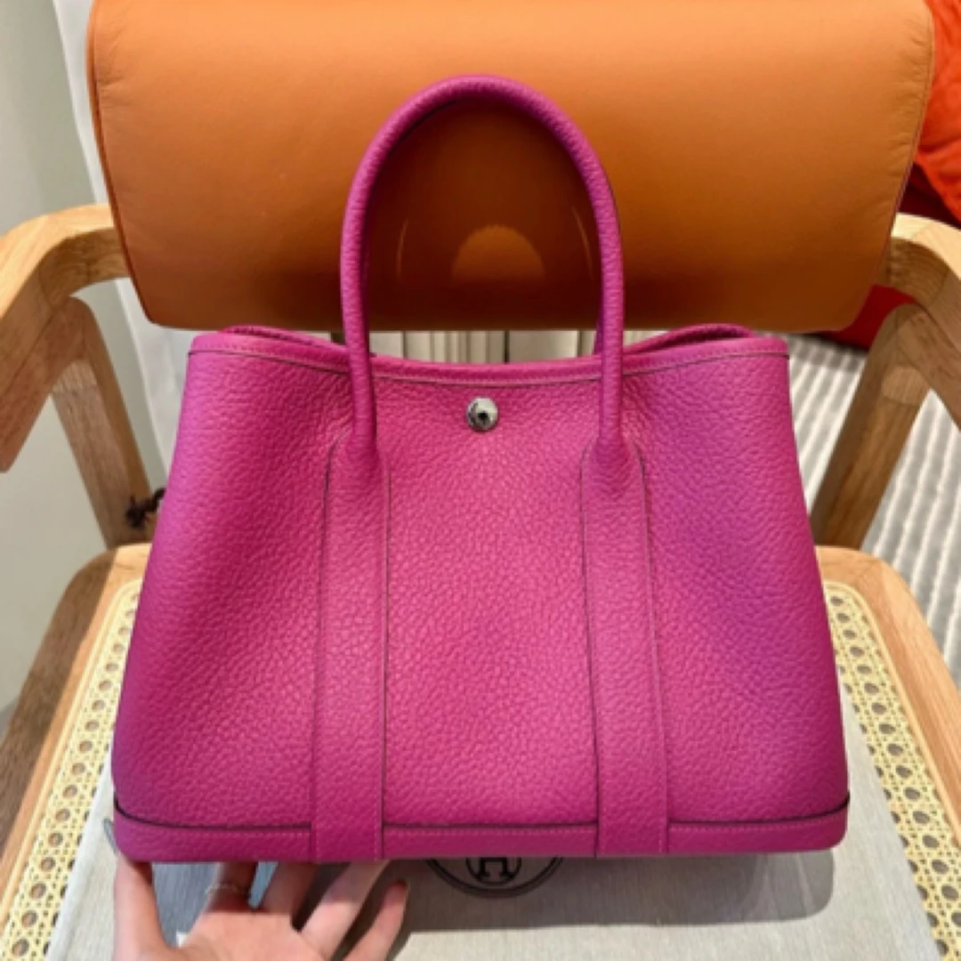 99新 Hermes/爱马仕 花园30玫瑰紫银扣tc皮a手提包