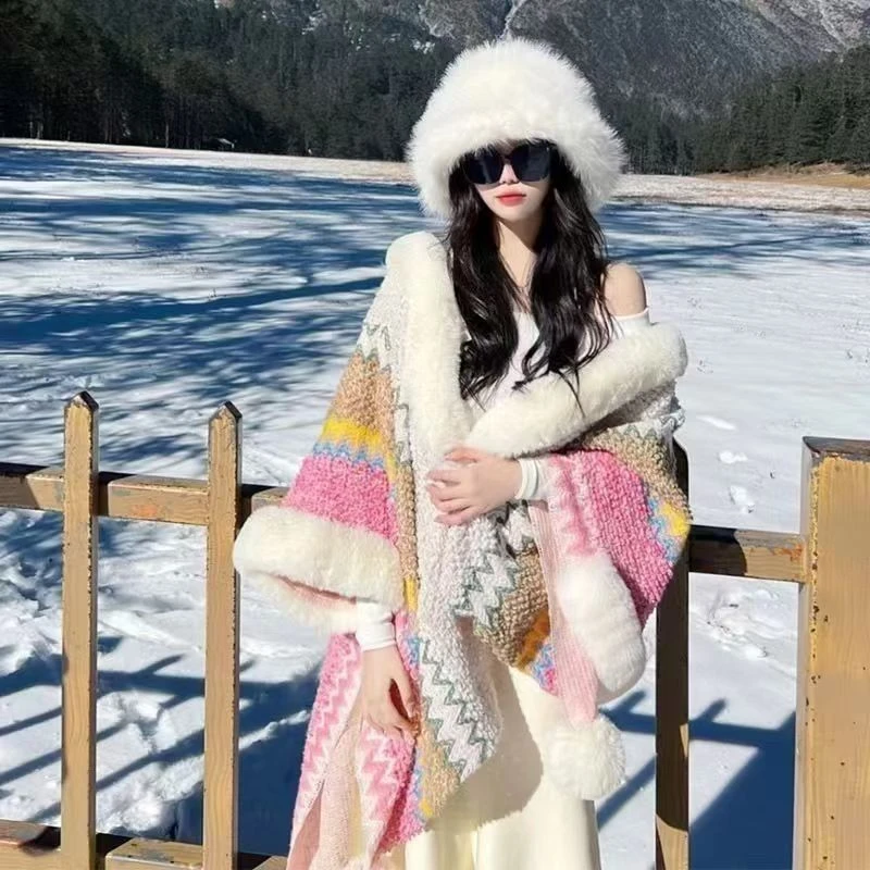 复古马夹民族风披肩网红针织时尚羊绒宽松百搭连帽秋冬气质