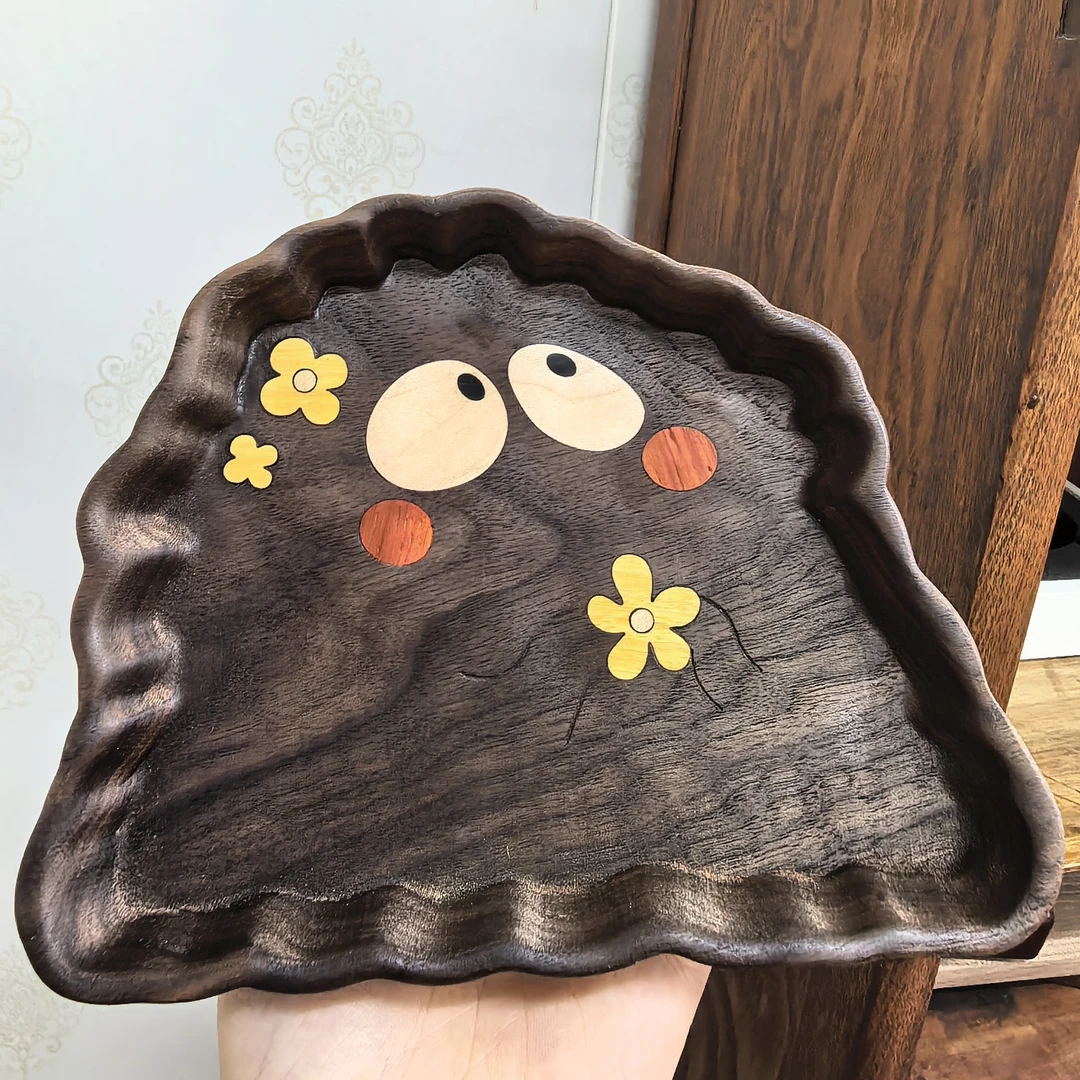 煤球盘子 黑胡桃实木镶嵌 手作摆件