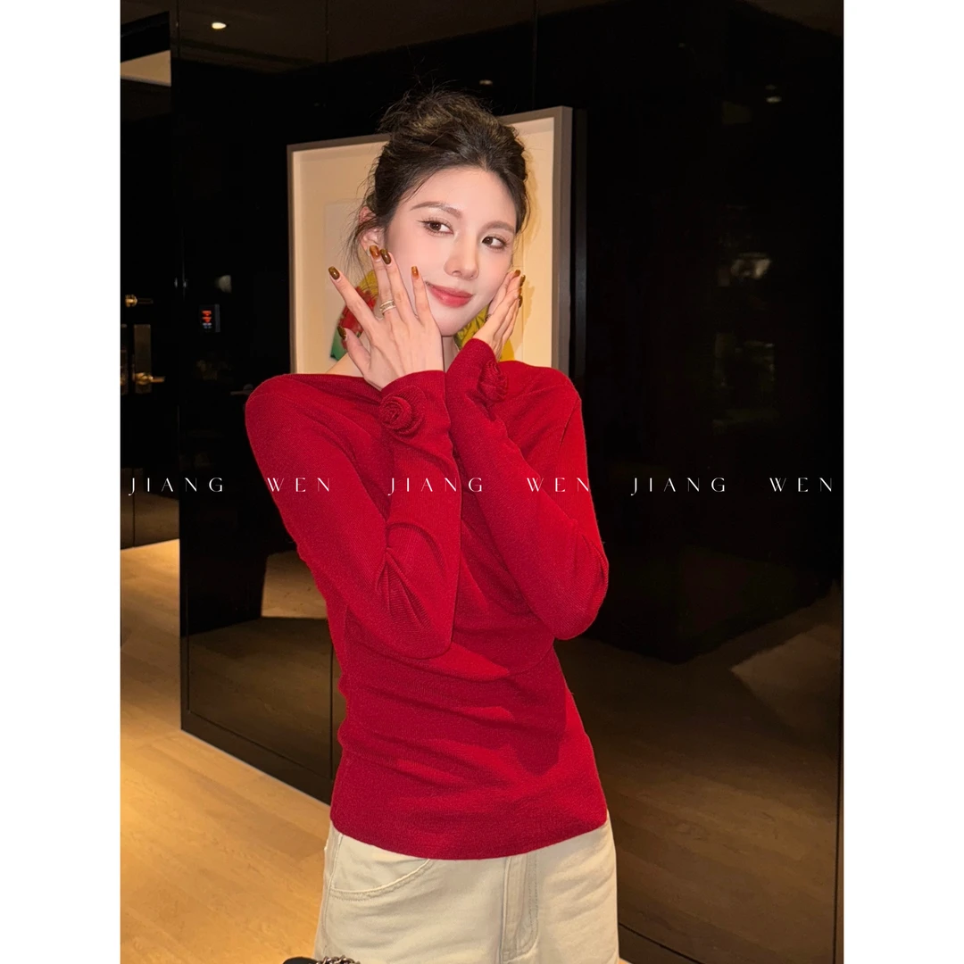 【红蔷薇】姜雯   “羊毛”荡领立体花朵长袖针织显廋百搭红色针织衫