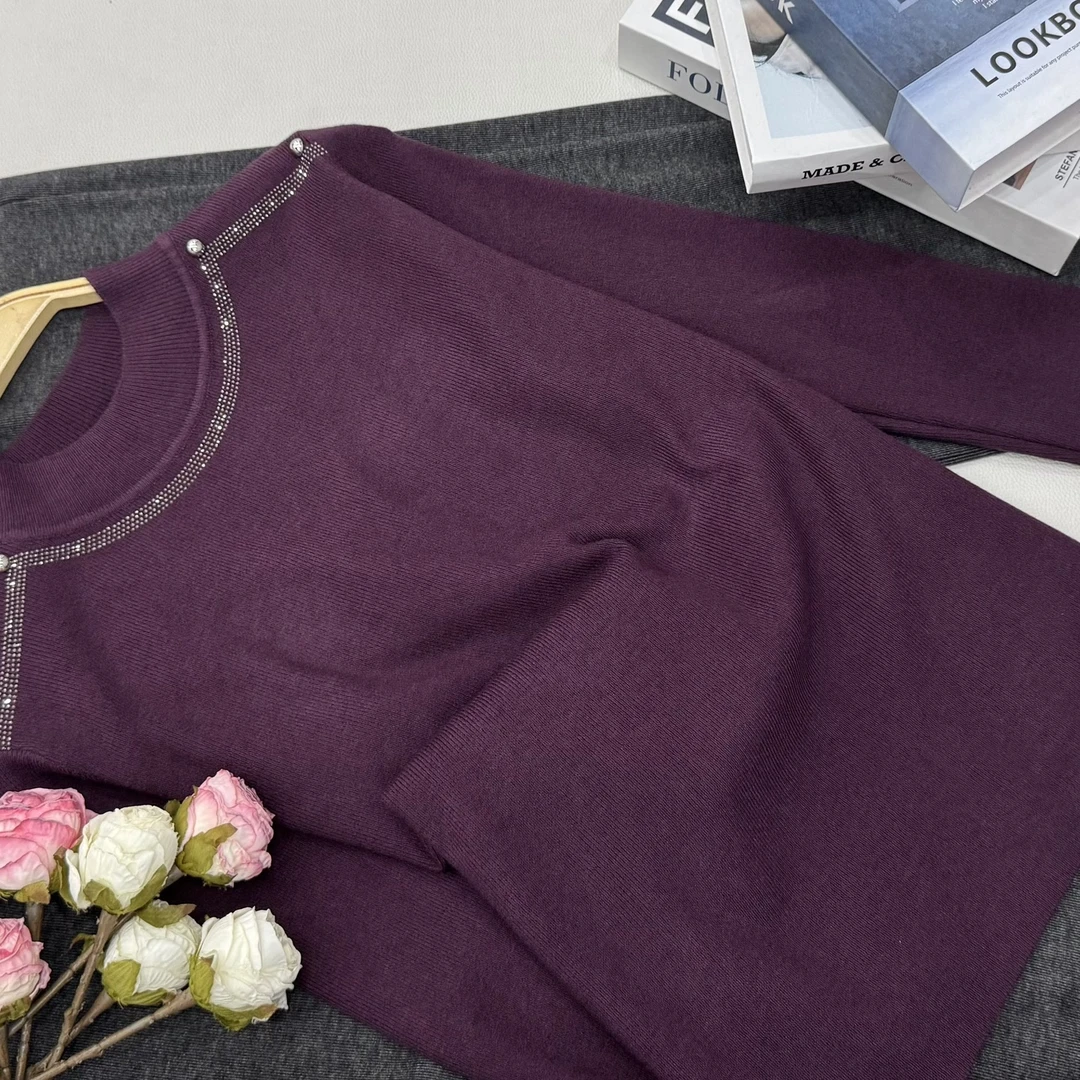 【紫色烫钻打底】早秋新款时尚长袖针织上衣QC5699