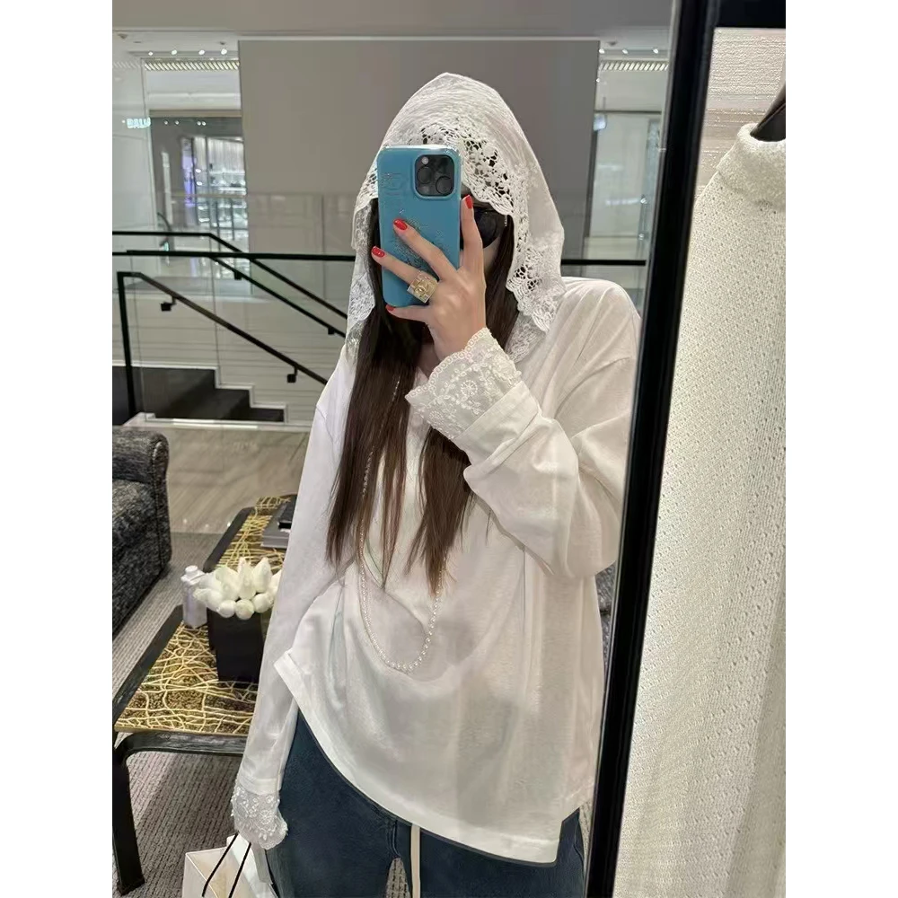 B门店32&9！貌美且重工！蕾丝钩花~氛围感舒适连帽打底上衣女C20316