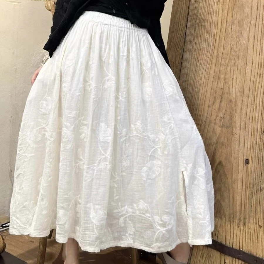【白色刺绣提花棉麻半身裙】3549
