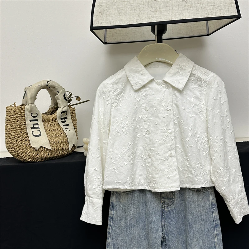 现货【一眼万年】女童翻领短款衬衫2024春季儿童法式复古双排扣衬衣