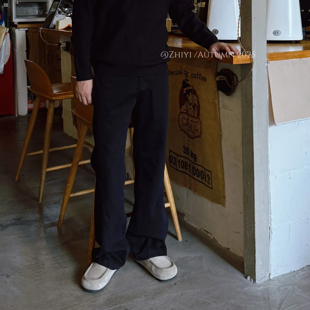 【知壹】男士极简经典巴家剪裁微弹百搭修腿微喇黑色牛仔裤