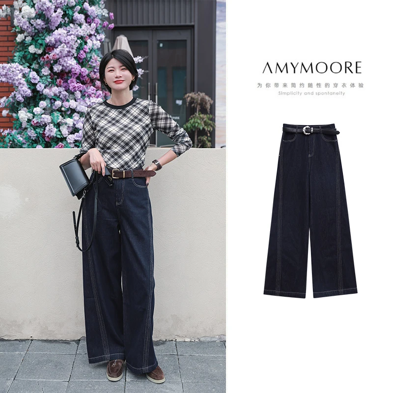 AMYMOORE艾莫尔2025年秋季女装中高腰阔腿牛仔裤子宽松显瘦192116