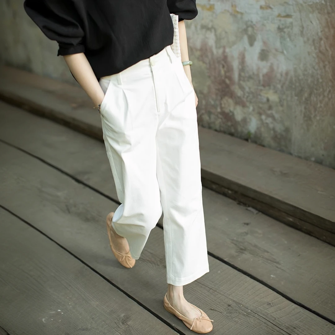 纯棉酵素水洗加柔乳白色裤2025春秋高腰宽松显瘦直筒阔腿裤女子