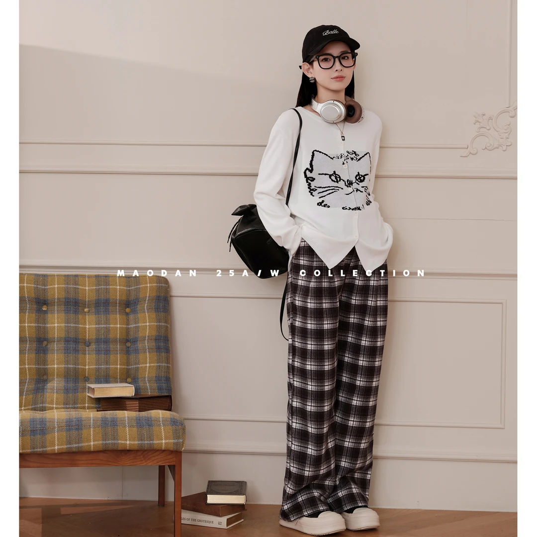 maodan/猫单【冬日黑喵】孕妇装秋季新品时尚上衣休闲直筒格子裤