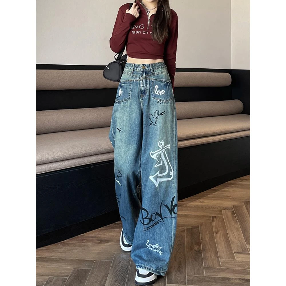 复古印花阔腿牛仔裤女春季新款高腰显瘦宽松设计感涂鸦直筒拖地裤