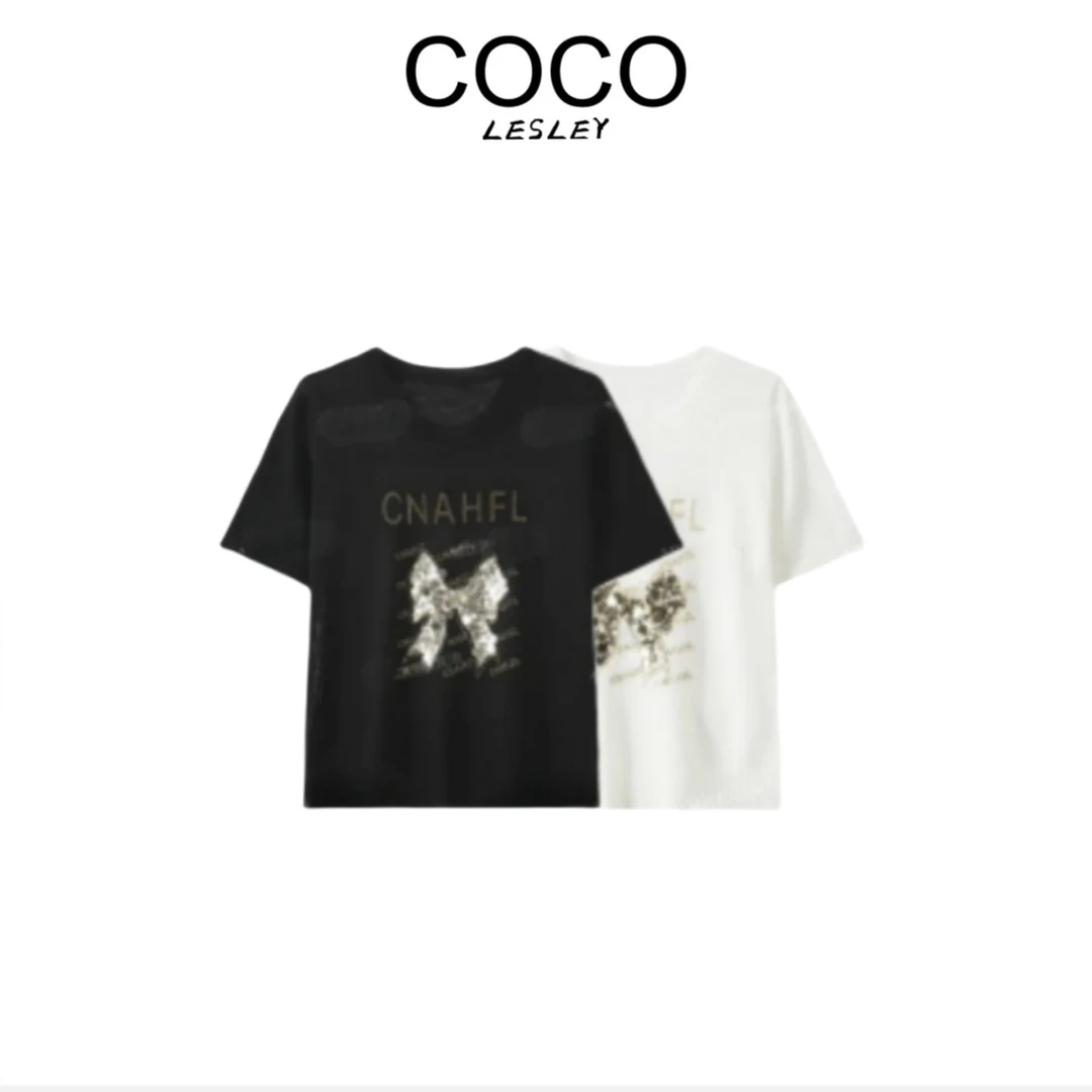 【COCO LESLEY】圆领刺绣镶钻针织T恤高级感洋气小众蝴蝶结上衣X182