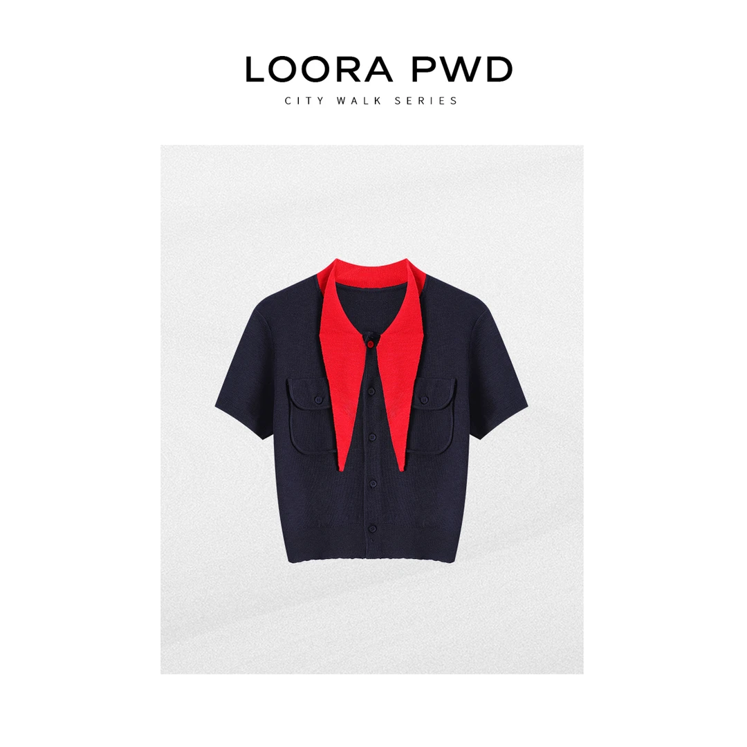 LOORAPWD/罗拉密码 全新短款翻领撞色轻奢针织衫25CJBA0079N