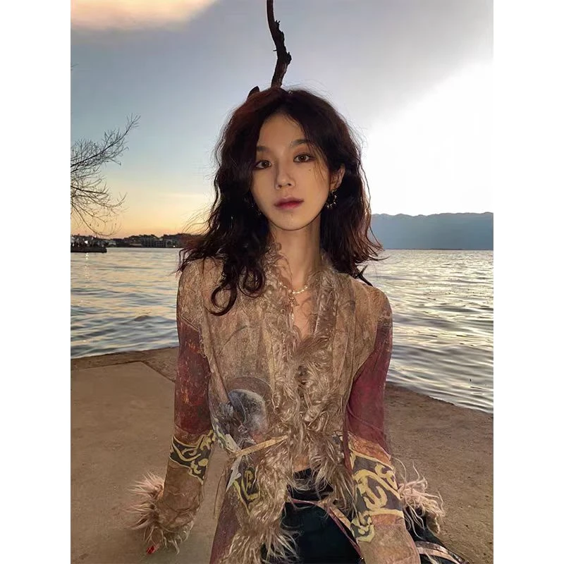 一眼惊艳感！巨好看！复古民族风网纱外套女秋季气质设计感开衫上衣