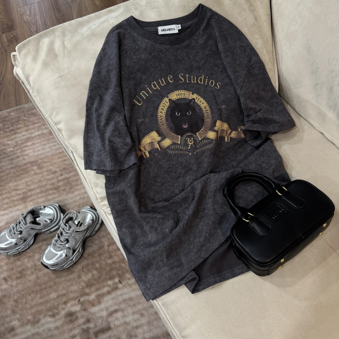 【趣味猫影】夏季宽松大版型趣味印花圆领短袖T恤CP298