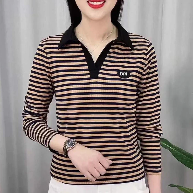 妈妈2025春秋季女装POLO大码女装长袖上衣时尚条纹显瘦减龄打底衫