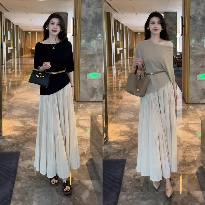 韩系轻熟风穿搭套装裙2025超火夏季冰丝针织短袖高腰半身裙两件套