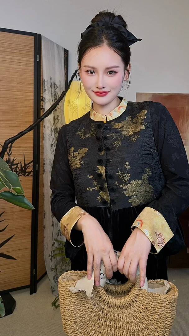 “墨金”2025新款新中式薄款厚款女装拼接立领上衣提花秋季短款