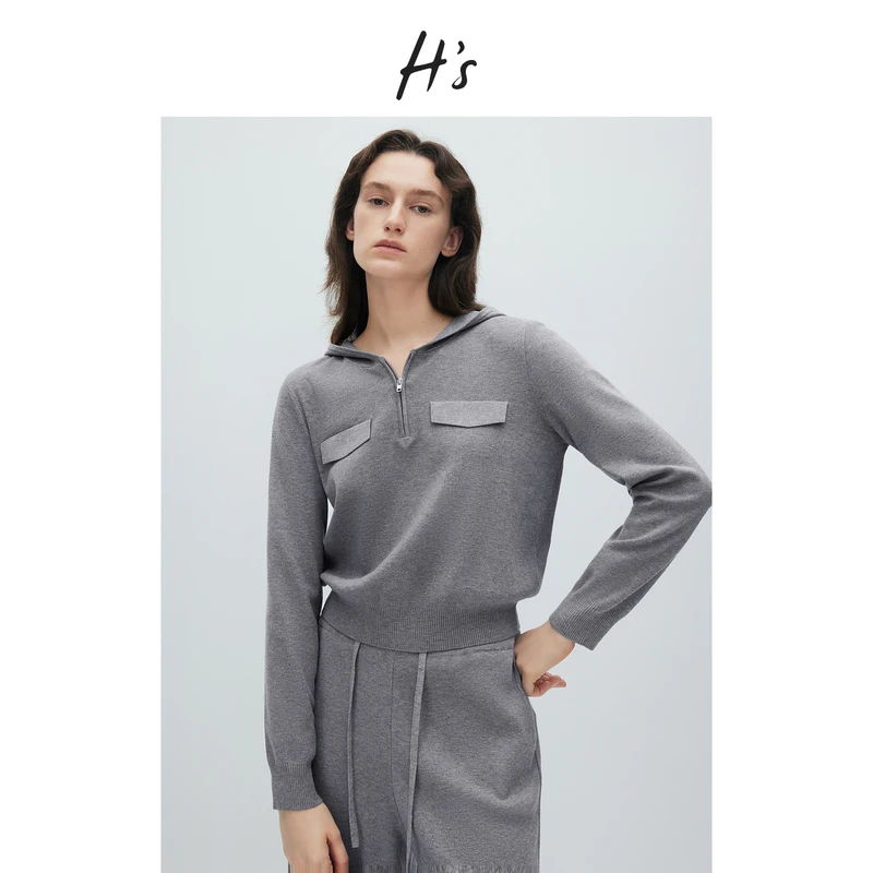【赵老板专属2515】H'S针织衫女休闲风宽松厚款连帽长袖毛衣上衣