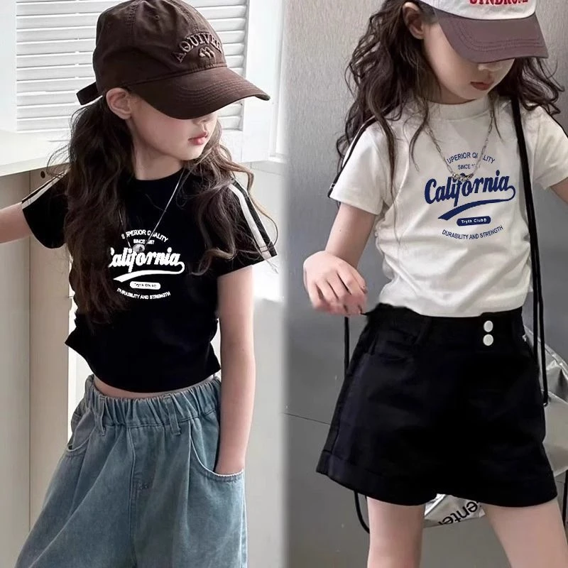 女童短款修身T恤夏季新款童装时髦小女孩字母短袖儿童洋气上衣