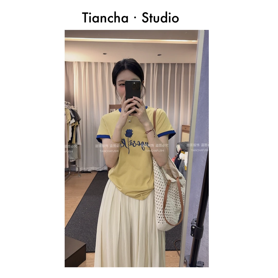 sweet c【蓝玫瑰】M666#夏季韩系短袖正肩t恤宽松撞色休闲百搭