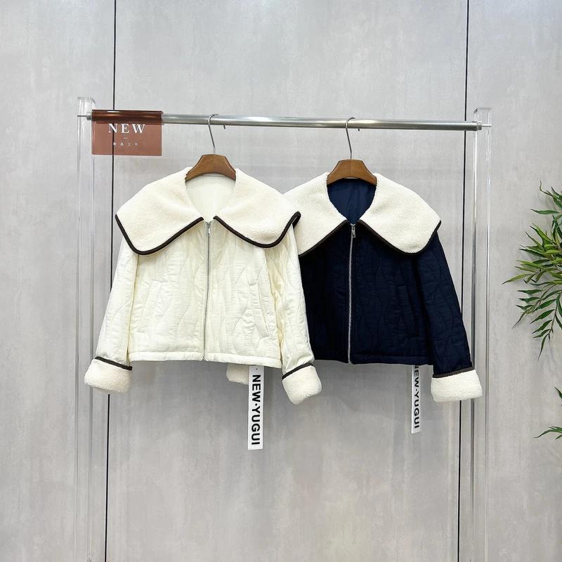 欧货秋冬娃娃领拼接宽松加棉外套女新款韩版减龄棉服潮9037