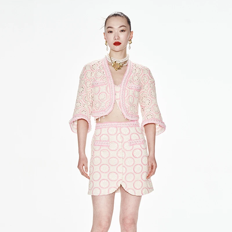 【我是芊芊】LE FAME/拉飞姆时尚落肩手钩感镂空式蕾丝白色外套