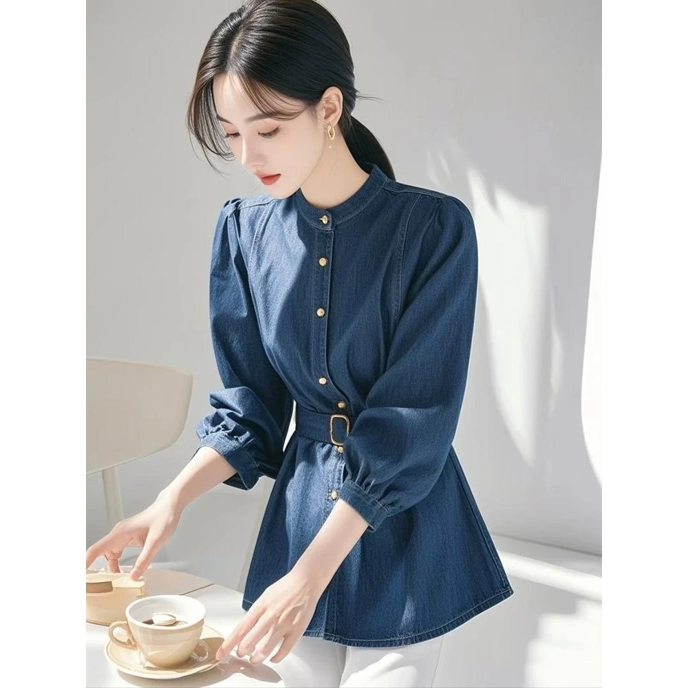 法式复古气质高级感上衣2025超好看独特漂亮收腰蓝色牛仔衬衫