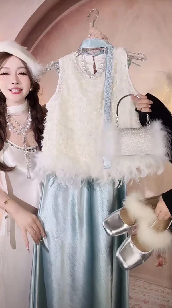 【崔】D0058 甜美气质毛毛边马甲蕾丝抓毛轻奢上衣外套