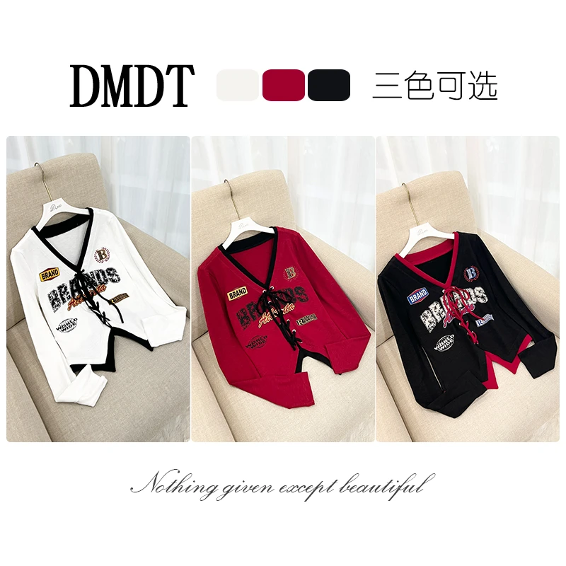 【DMDT潮牌】2025新品 “自由心跳”V领绑带字母印花显瘦休闲T恤T7092